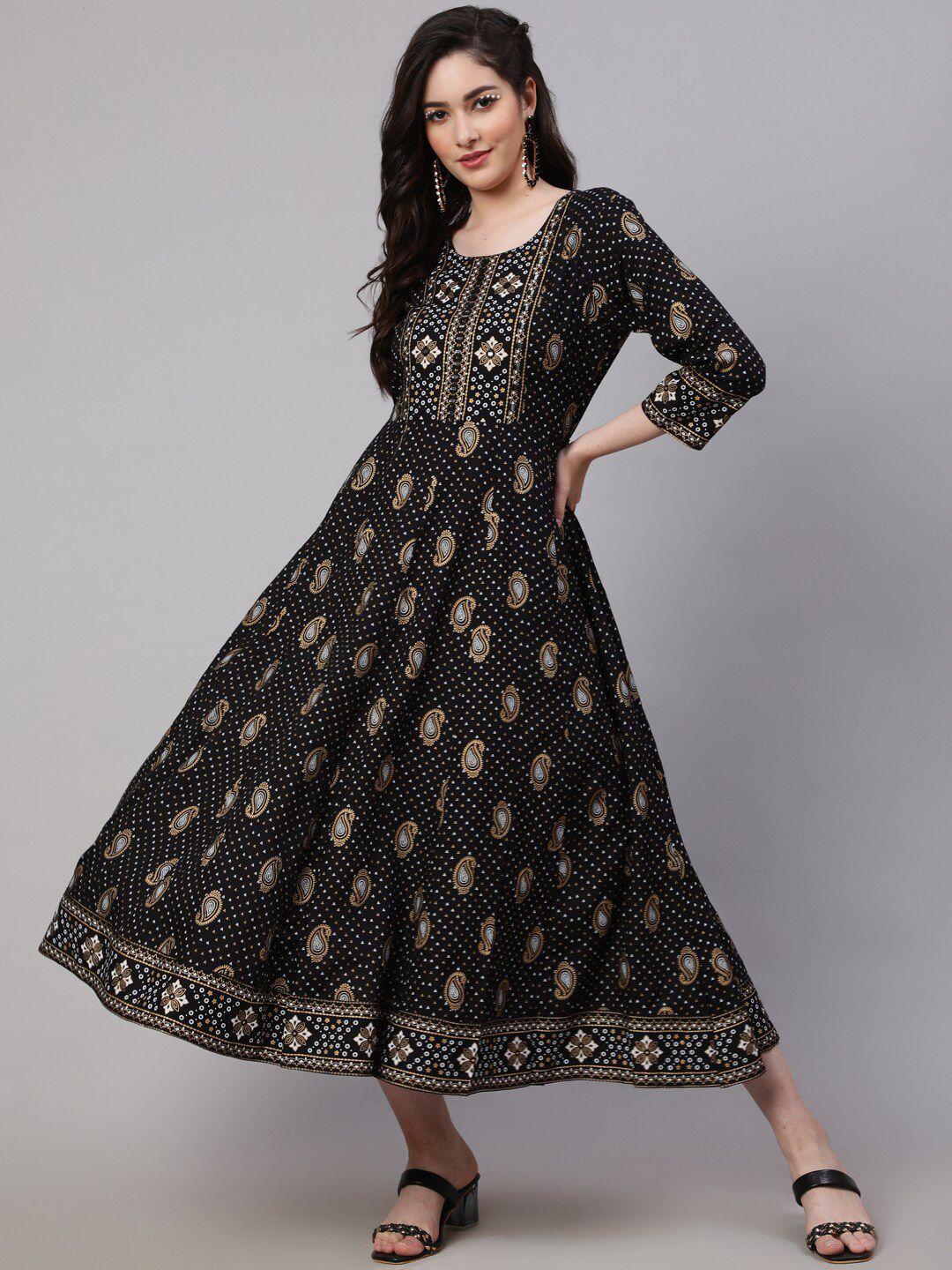 saabhi women black ethnic motifs embroidered flared sleeves floral anarkali kurta