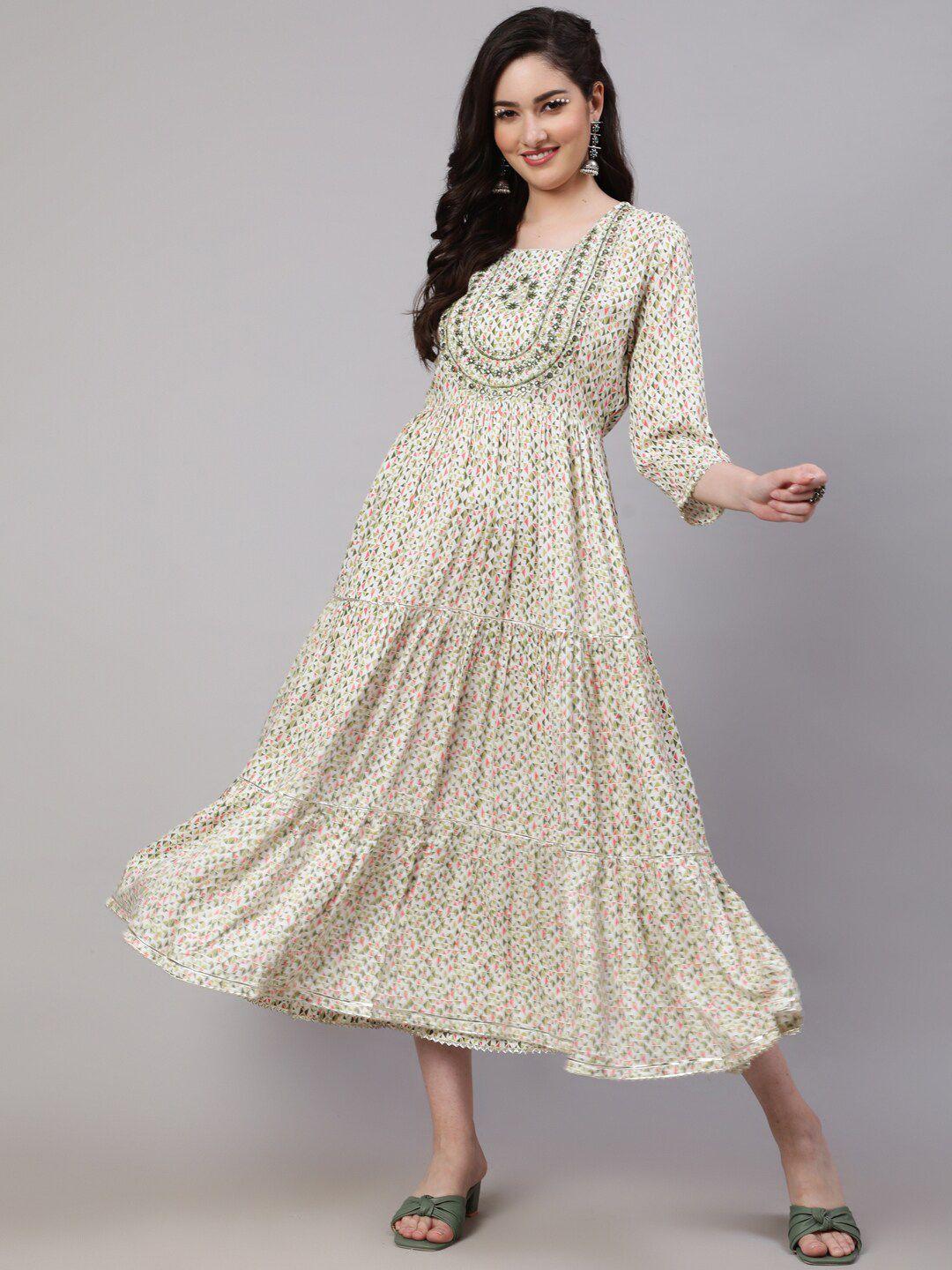 saabhi women green ethnic motifs printed flared sleeves floral anarkali kurta