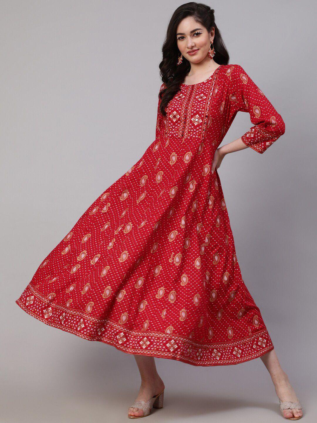 saabhi women red ethnic motifs printed keyhole neck floral anarkali kurta