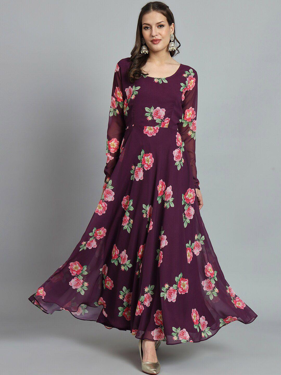 black scissor floral printed georgette fit & flare maxi ethnic dress