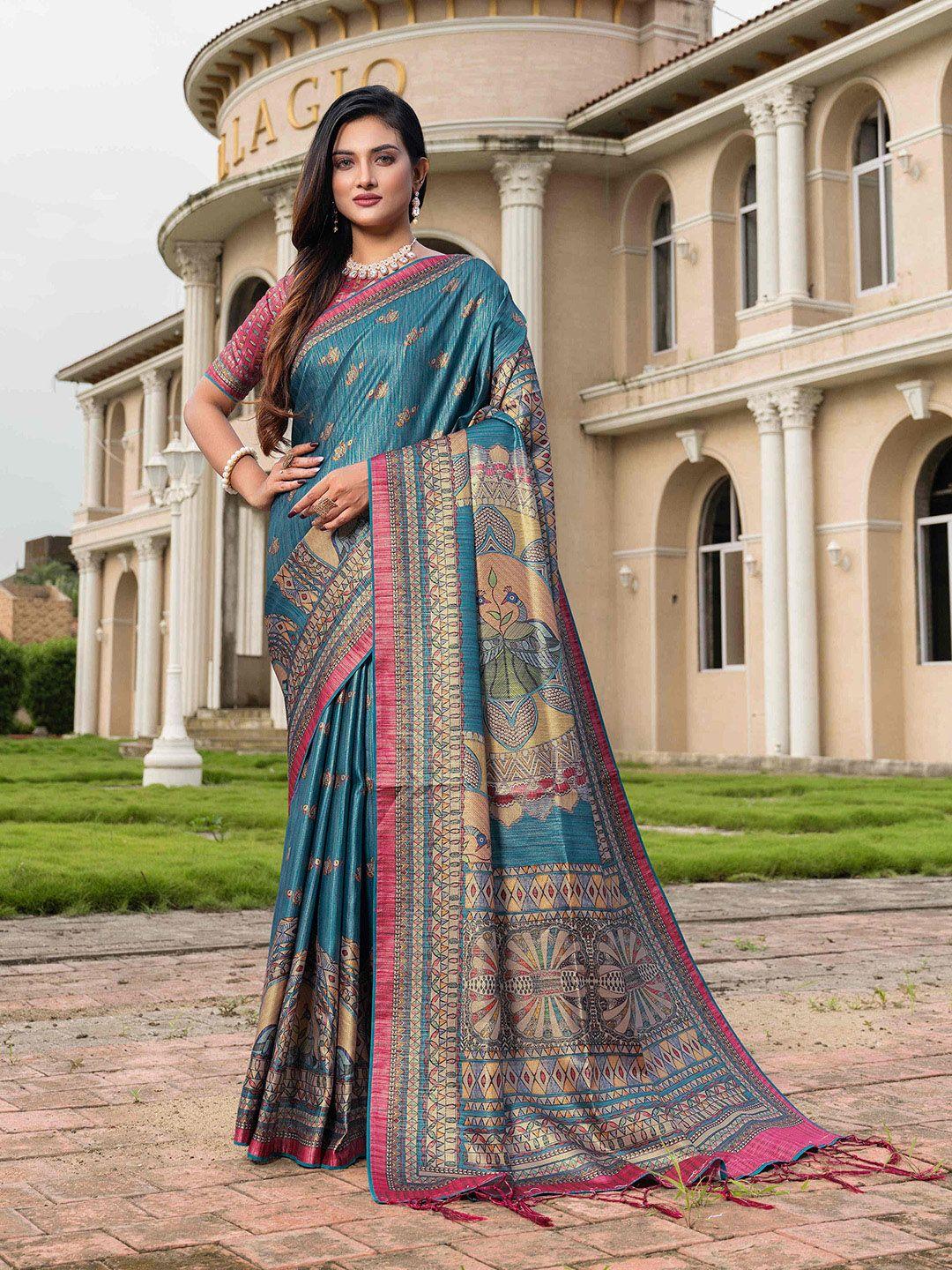 mitera sea green & pink ethnic motifs satin saree