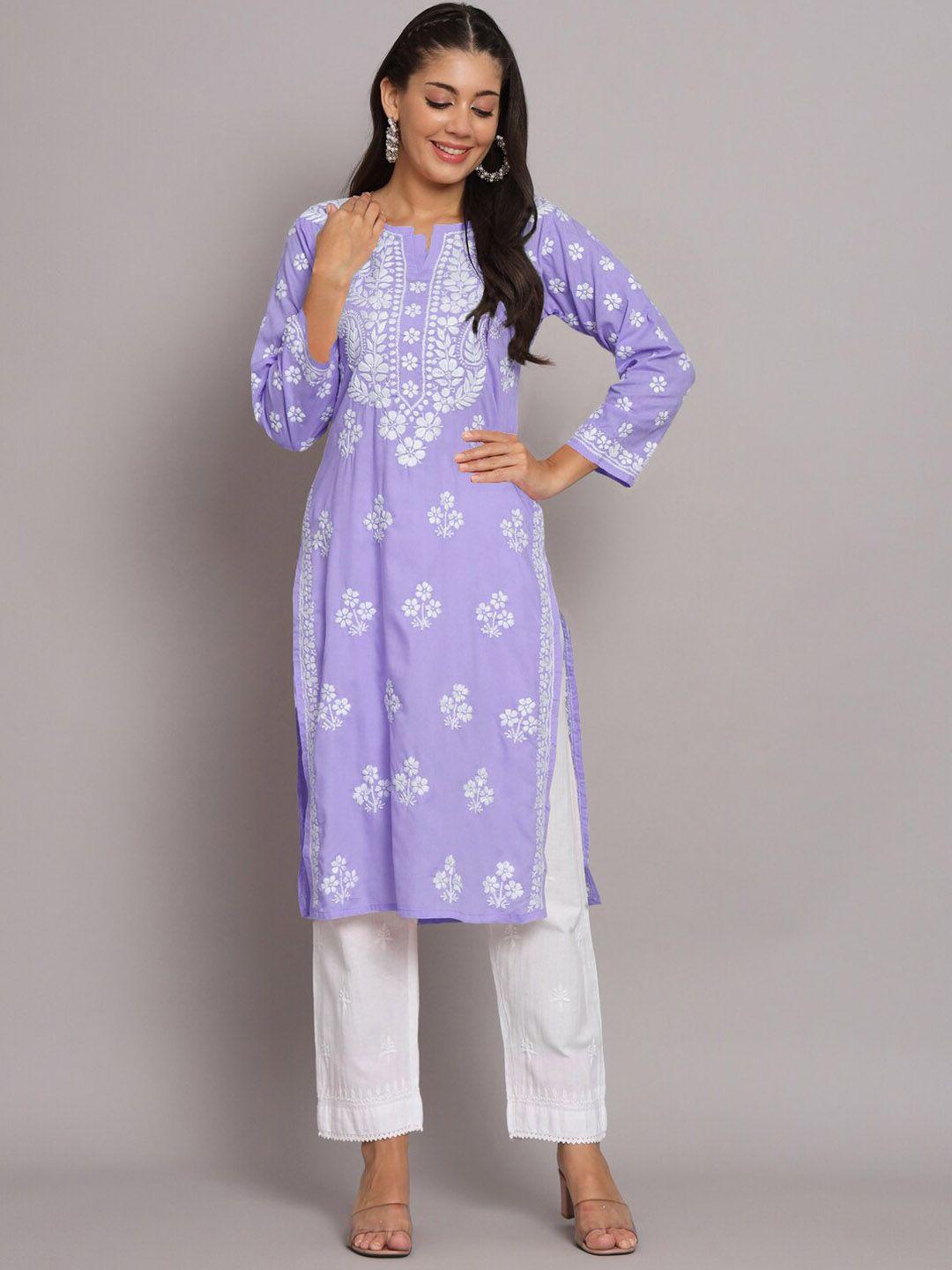 paramount chikan women mauve ethnic motifs printed keyhole neck flared sleeves chikankari floral kurta