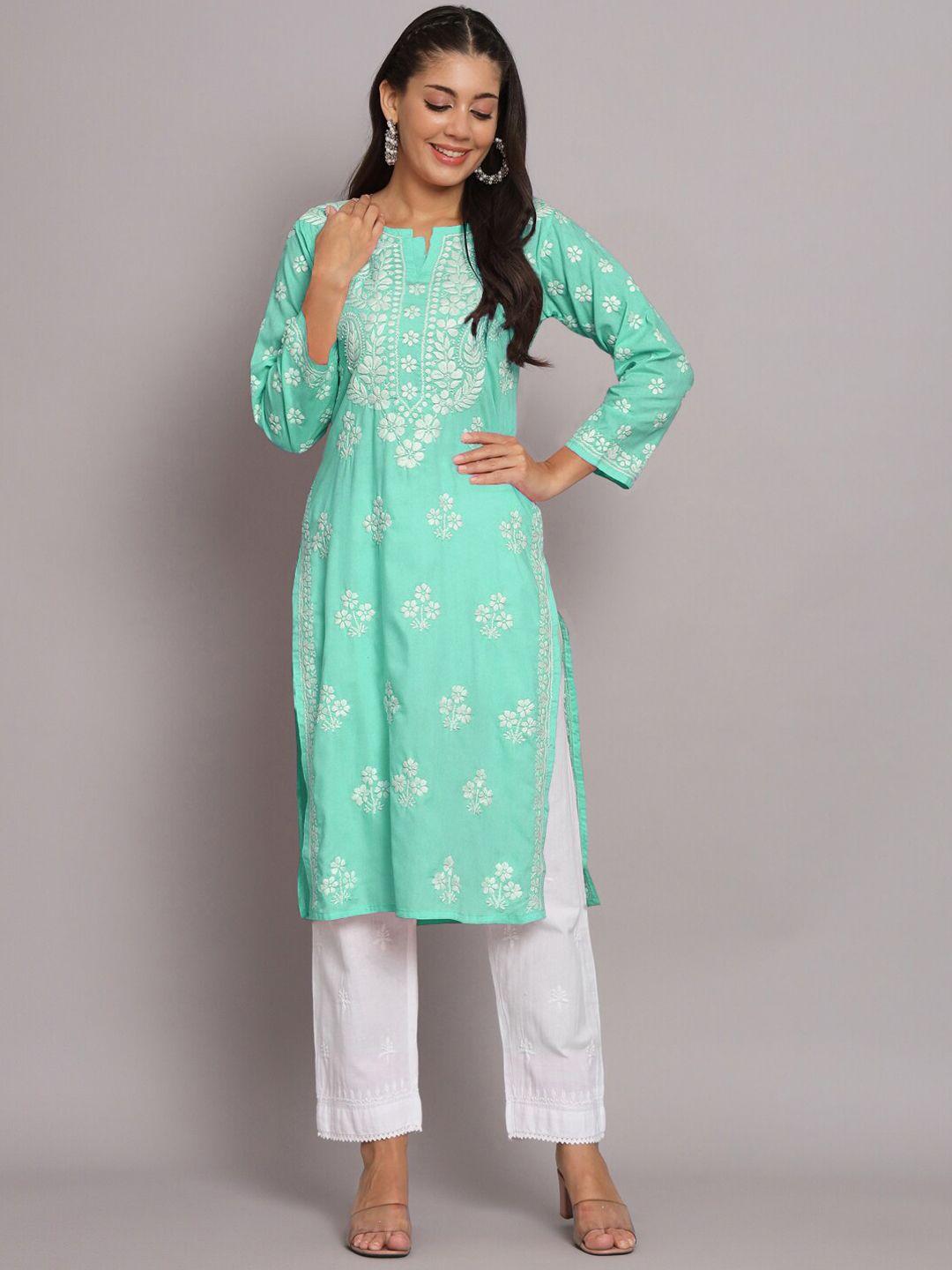 paramount chikan floral embroidered notched neck chikankari kurta