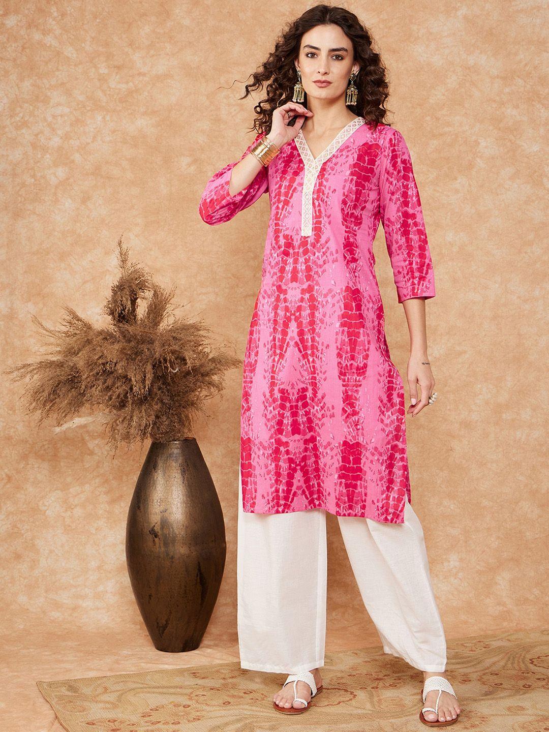 inweave abstract printed laced cotton straight kurta