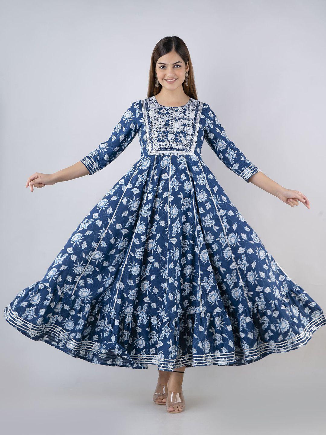 mizaz women blue floral printed mirror work anarkali kurta