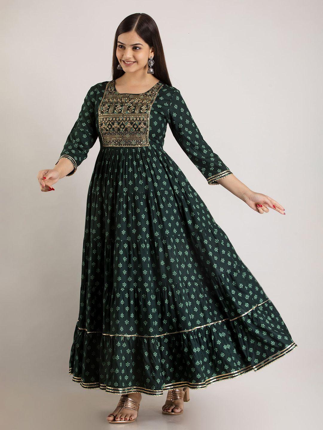 mizaz women green ethnic motifs printed thread work anarkali kurta