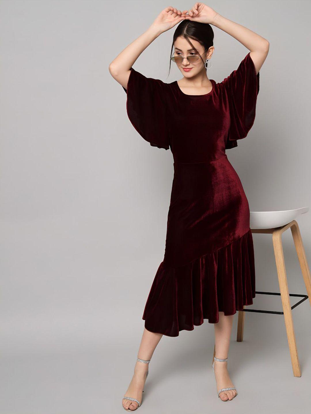 sidyal round neck flared sleeve velvet a-line midi dress