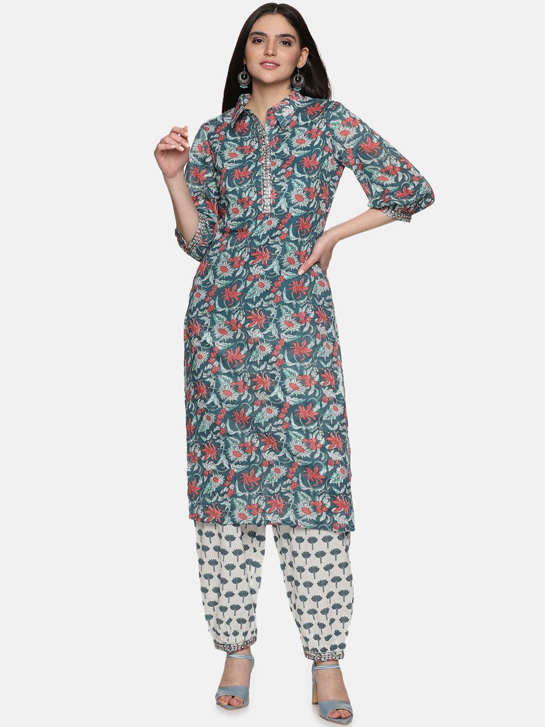 palakh floral printed thread work pure cotton kurta with salwar