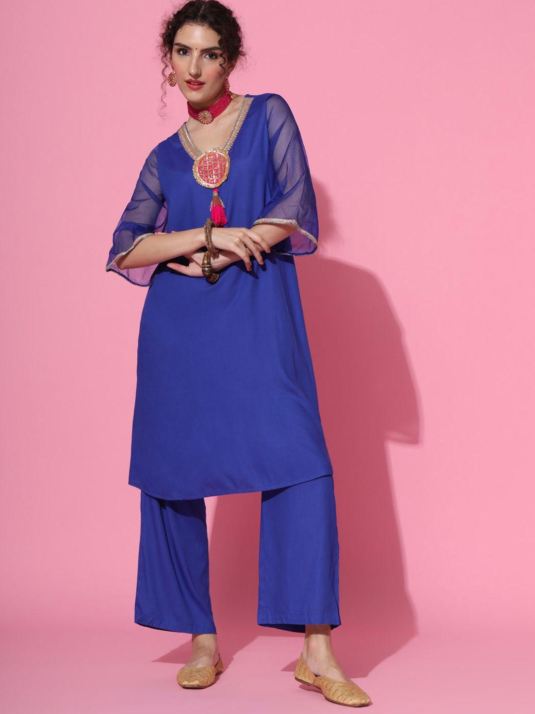 metro-fashion women blue regular gotta patti kurta with trousers