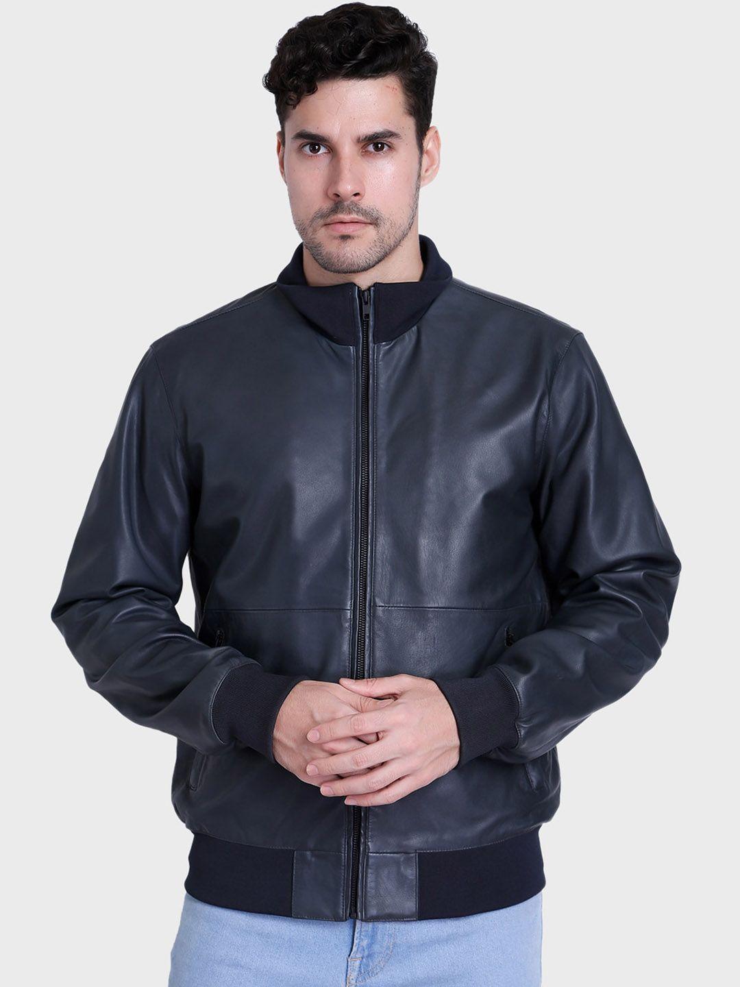 justanned mock collar leather jacket