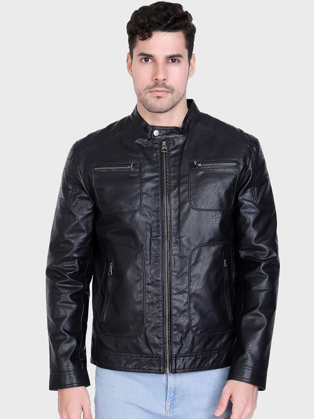 justanned zip detailed stand collar biker jacket