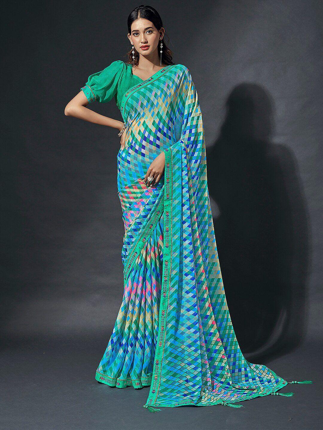 mitera turquoise blue & green geometric printed saree