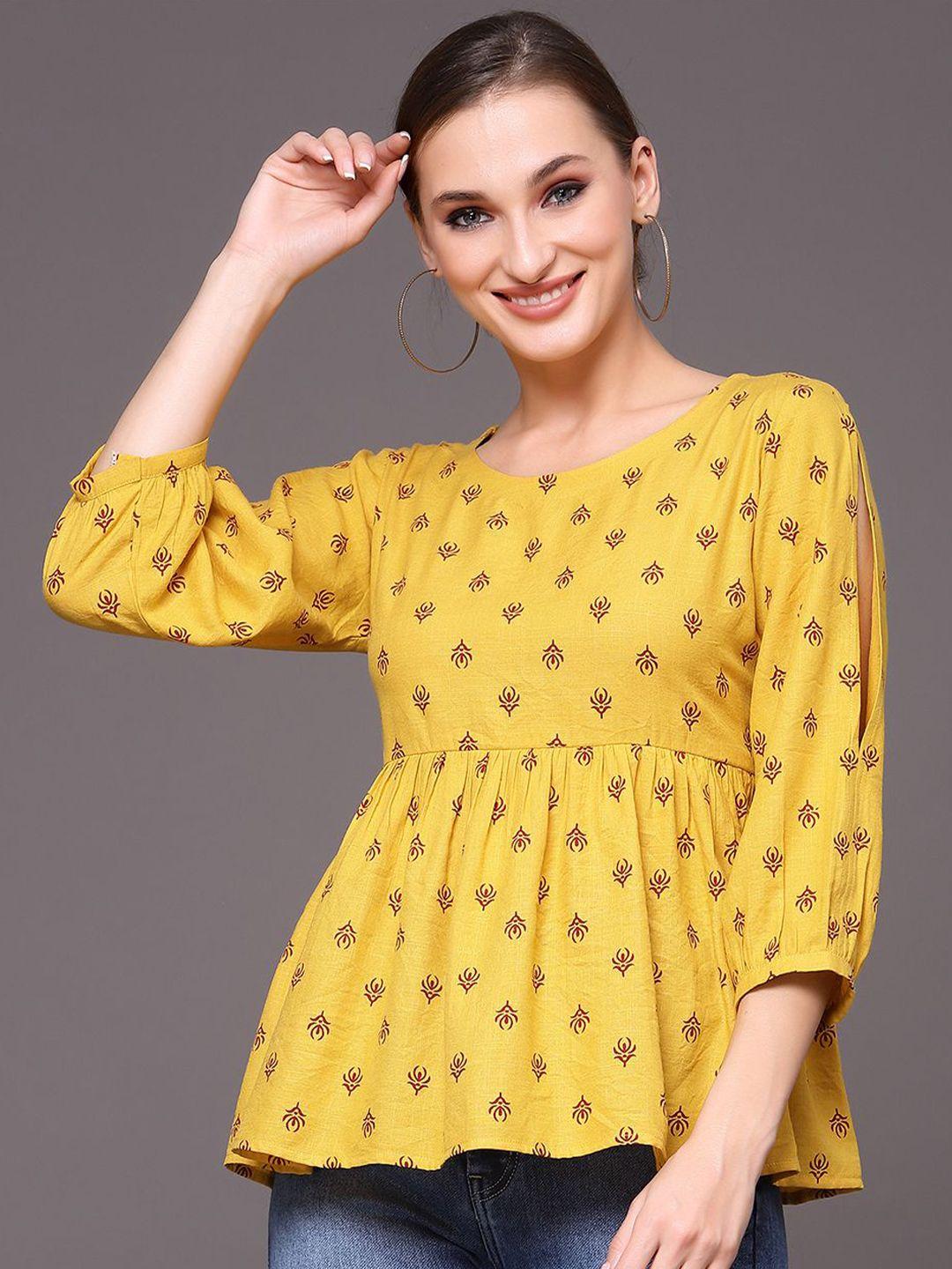 selvia mustard ethnic motif printed cold-shoulder sleeve peplum top