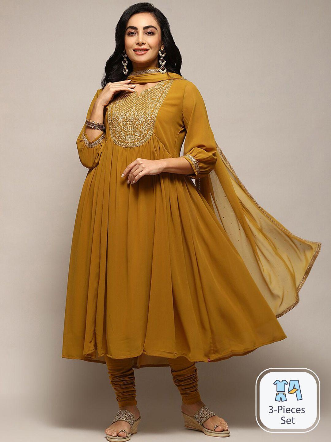 biba ethnic motifs yoke design empire thread work anarkali kurta & churidar with dupatta