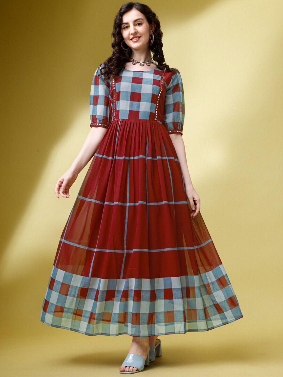 fashion2wear checked round neck puff sleeve pleated fit & flare maxi dress