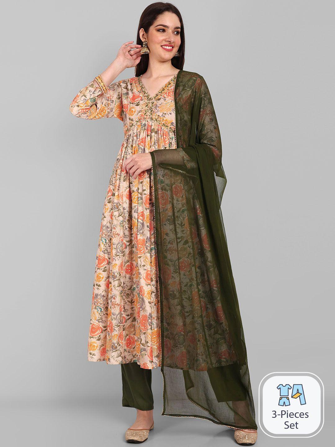 navlik floral printed empire chanderi silk anarkali kurta & trousers with dupatta