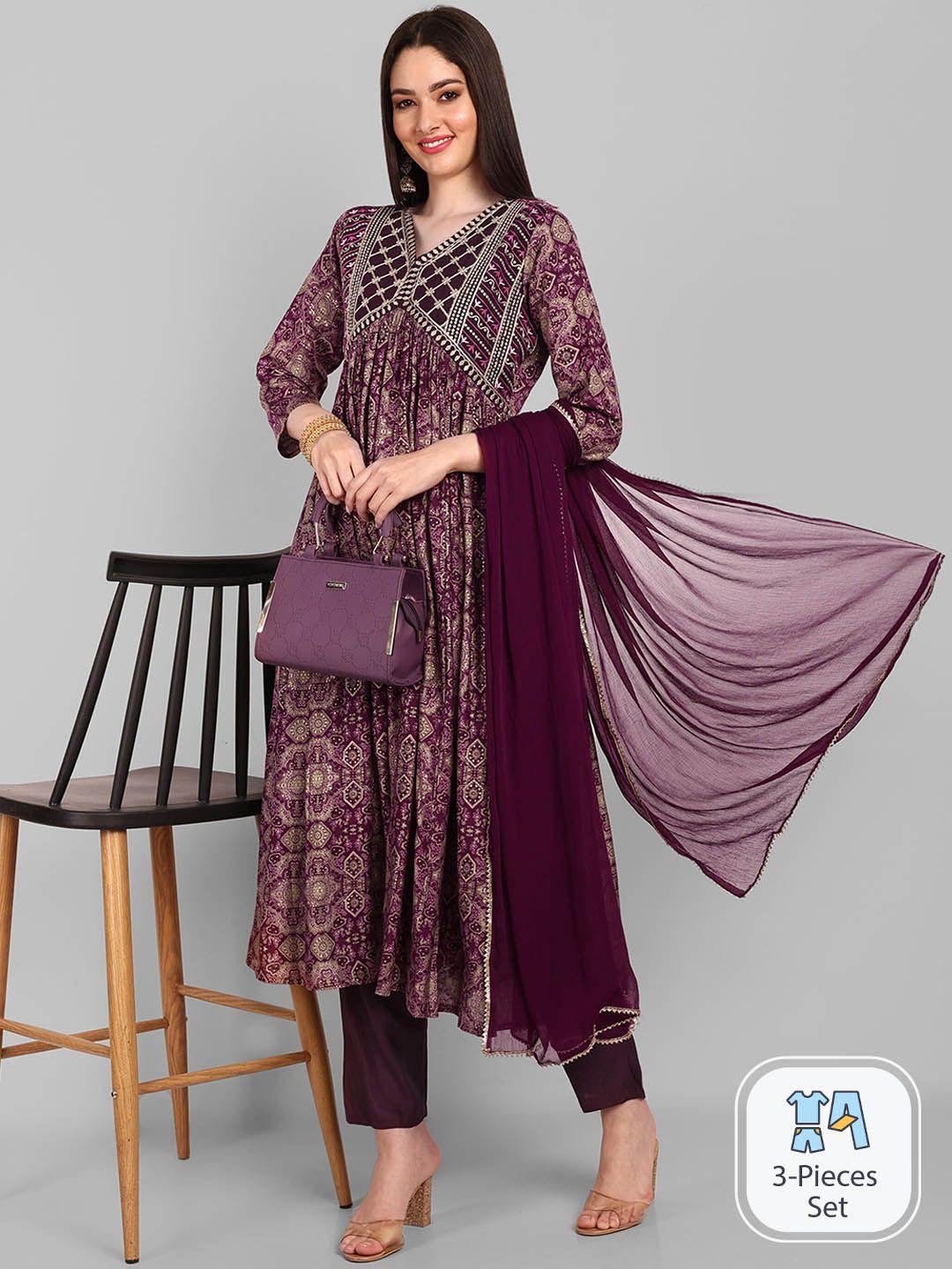 navlik ethnic motifs printed thread work kurta with trousers & dupatta