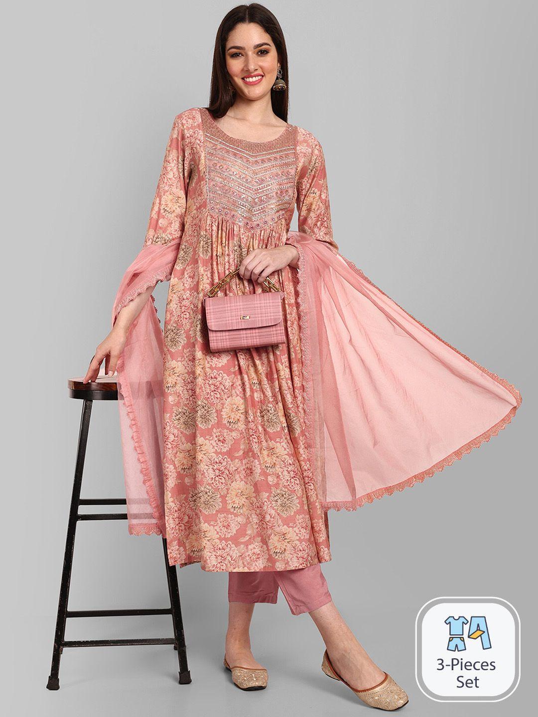 navlik floral printed thread work kurta with trousers & dupatta