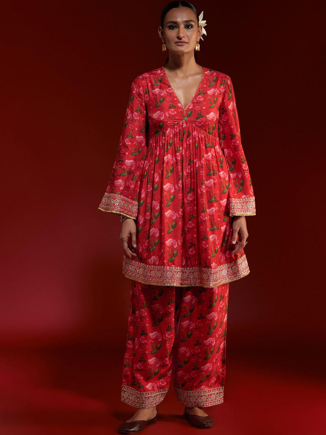 masaba floral printed empire gotta patti raw silk kurta with palazzos