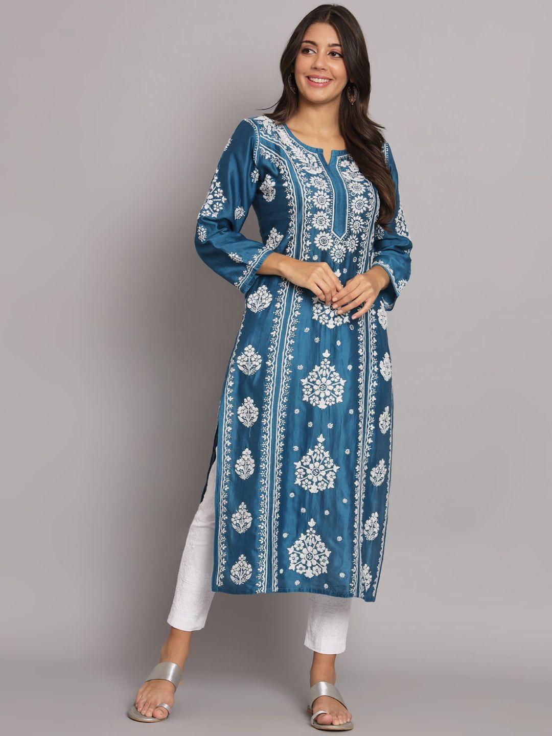 paramount chikan women teal ethnic motifs printed floral kurta