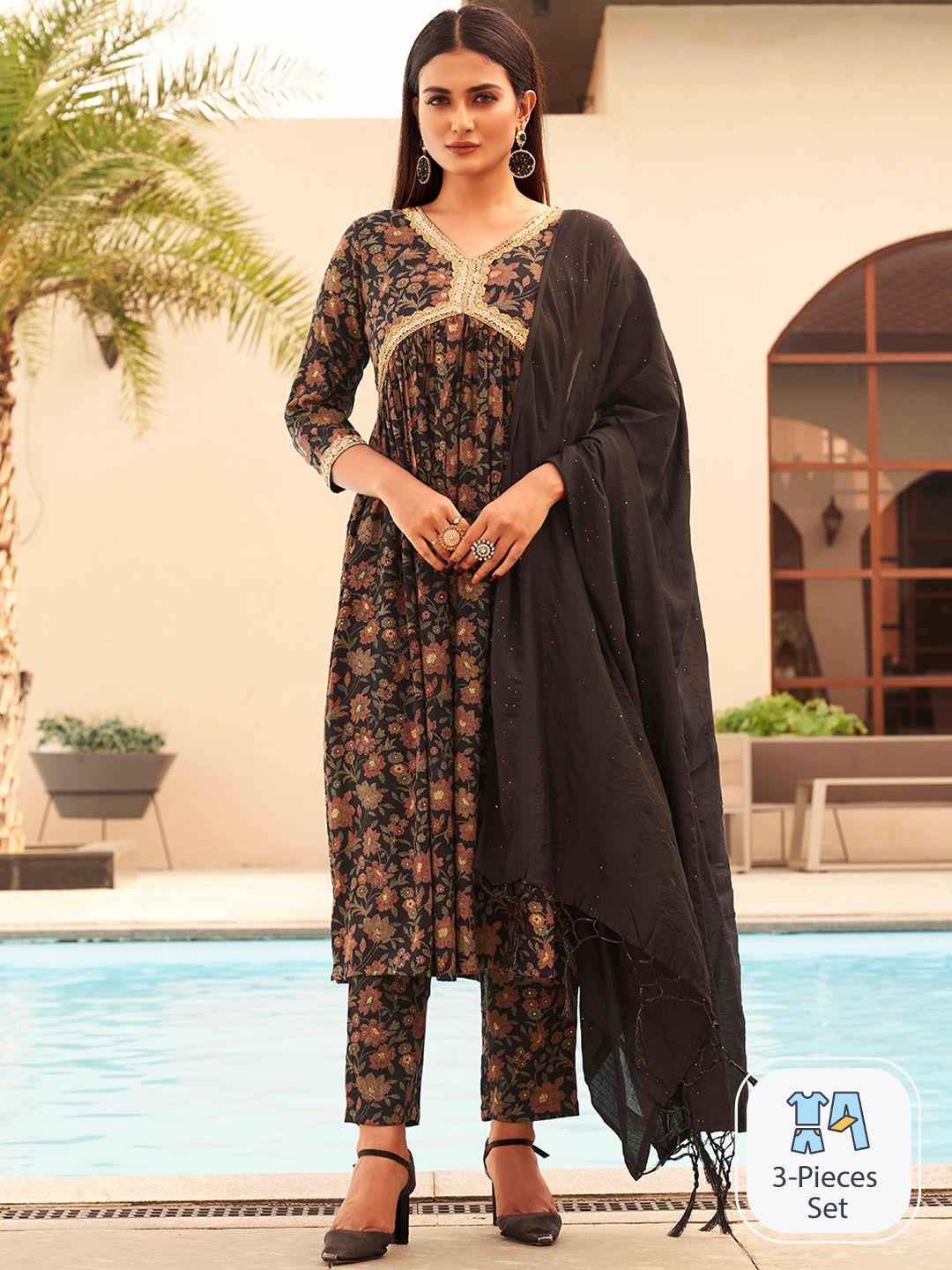 tikhi imli floral printed pleated sequinned kurta with trousers & dupatta