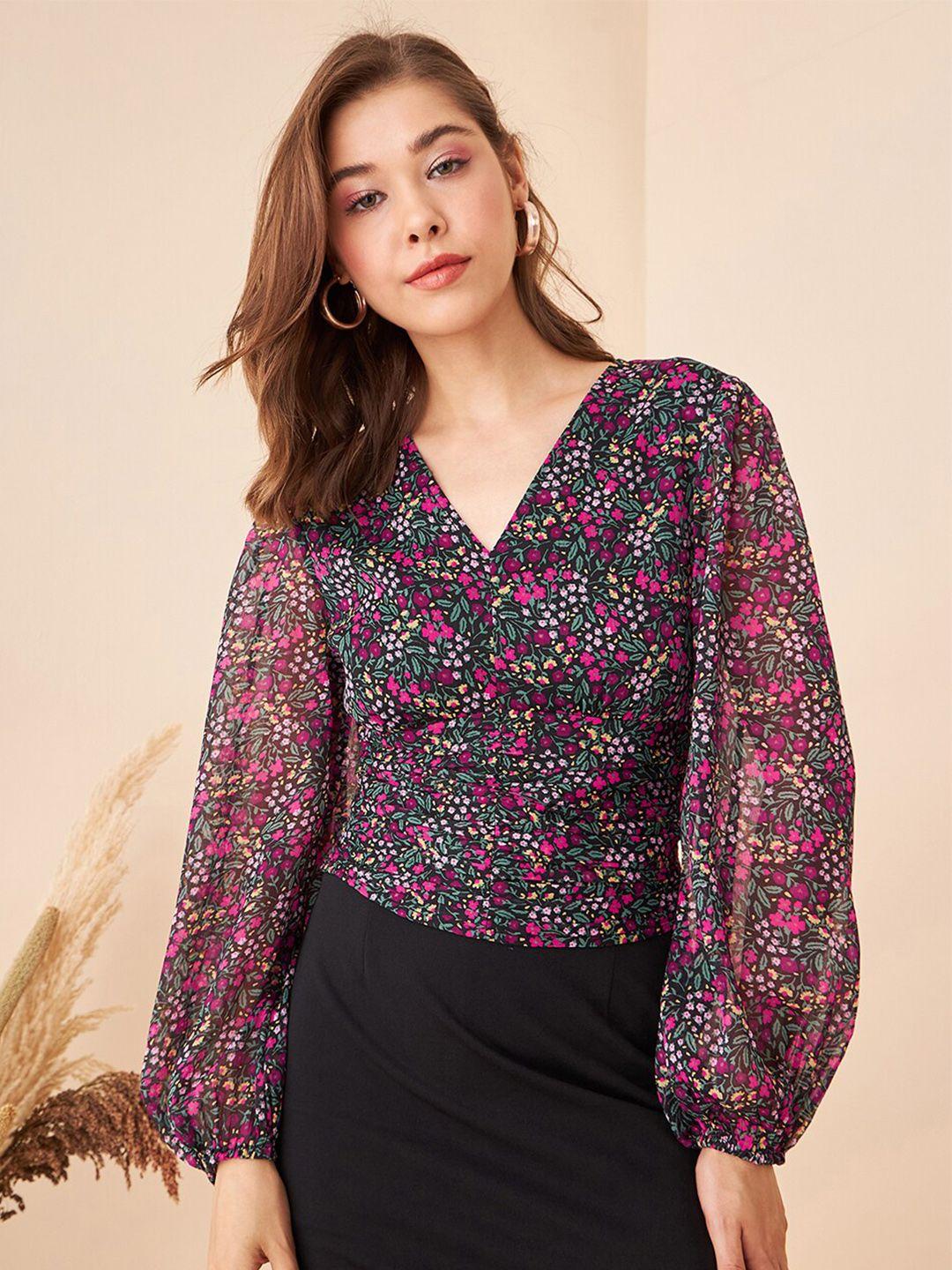 kibo floral print puff sleeve smocked empire top