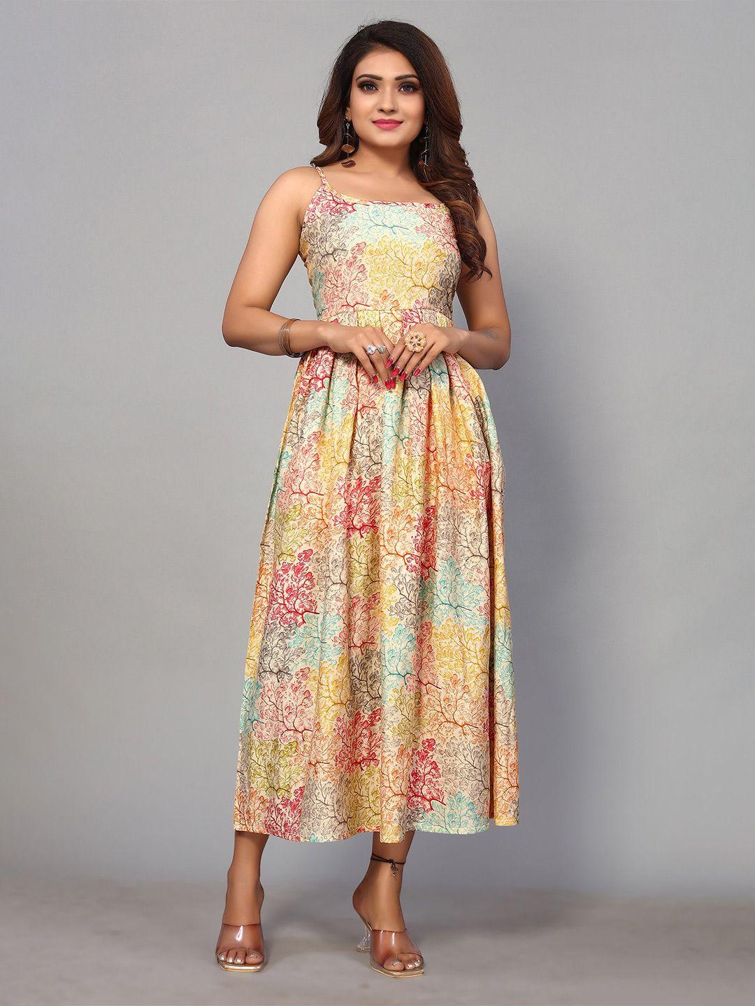 sangria floral printed pleated detailed shoulder straps fit & flare midi dress