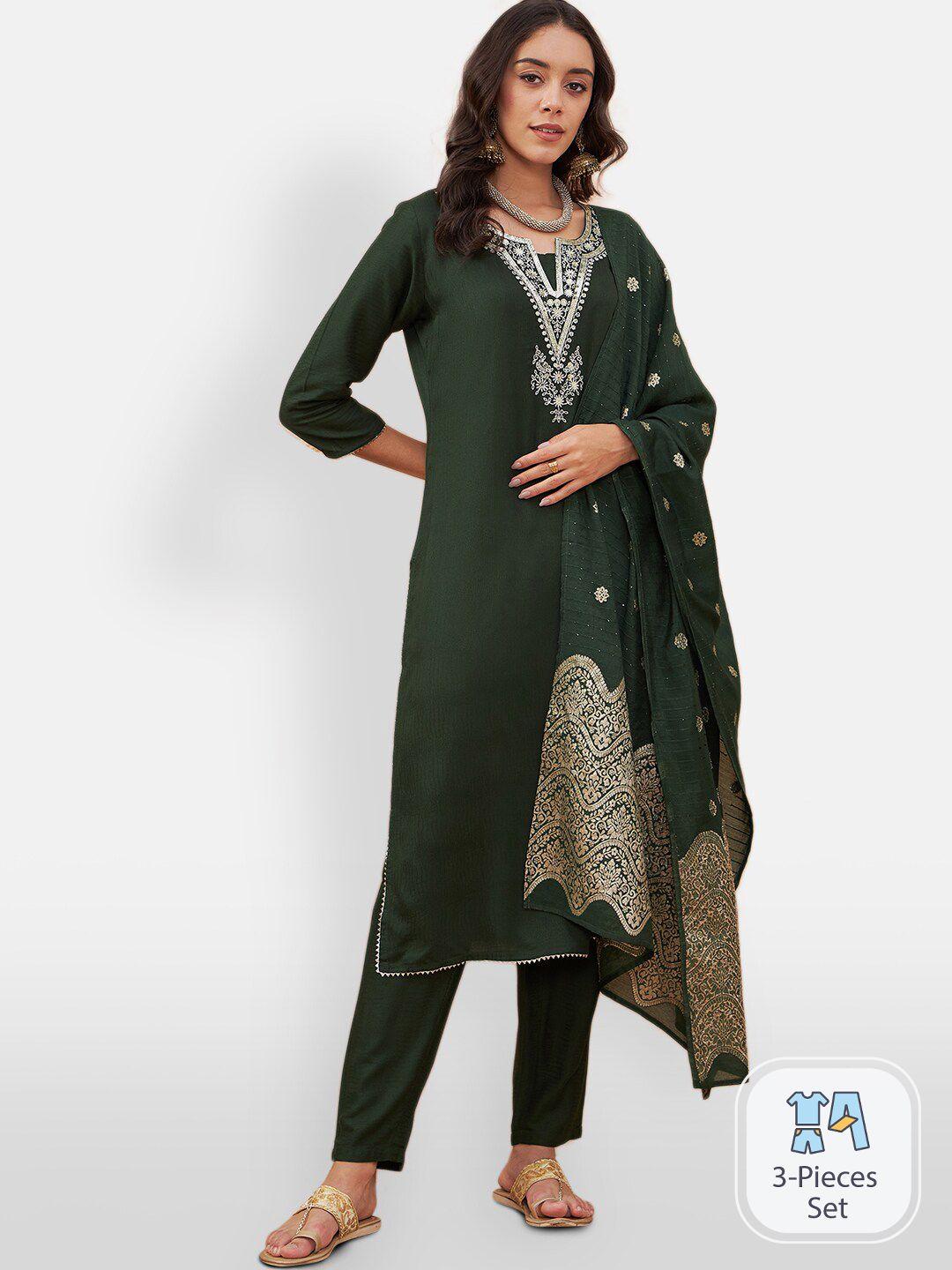 divyank embroidered thread work kurta & trousers with dupatta