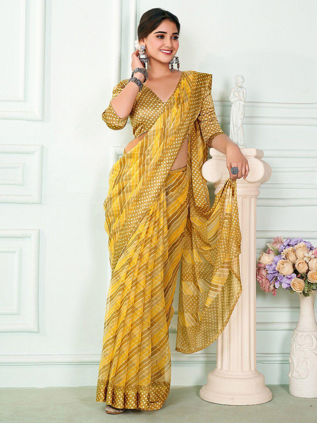 anouk mustard & white checked  pure chiffon saree