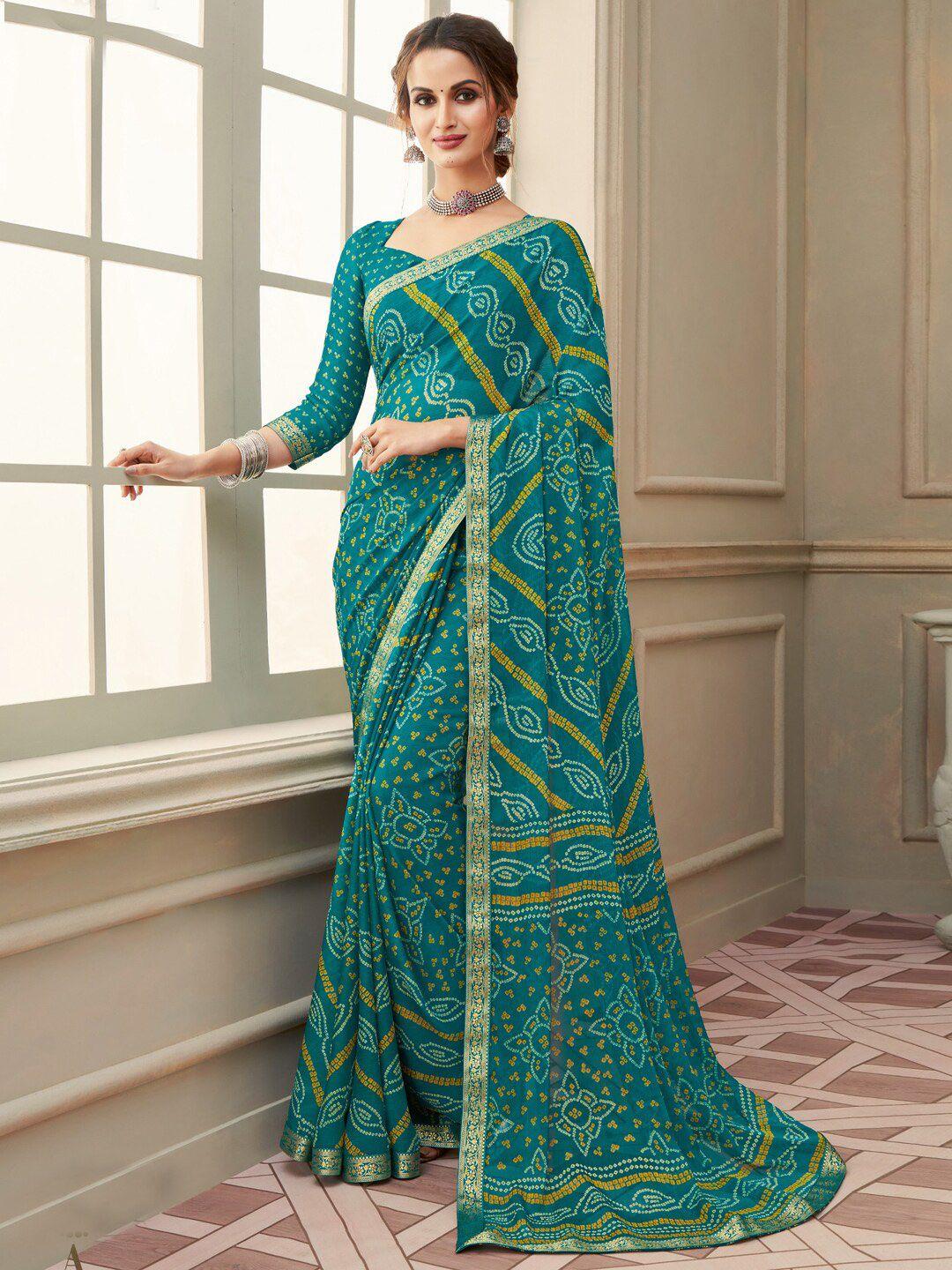 anouk blue & white bandhani printed zari pure chiffon bagru saree