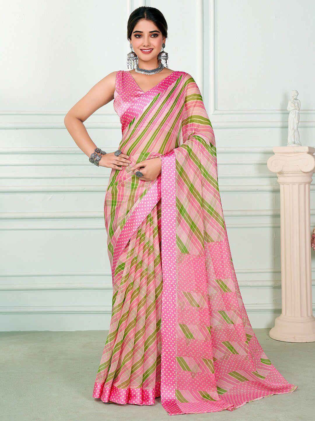 anouk pink & white leheriya printed pure chiffon saree