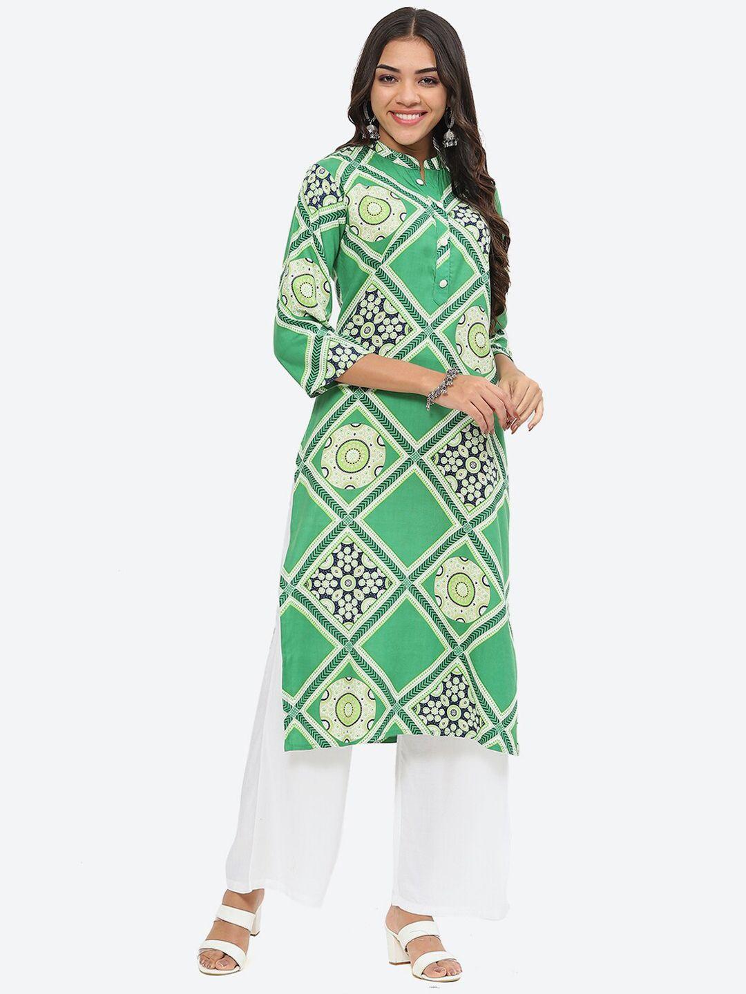 kurti's by menka abstract printed manadrin collar straight kurta