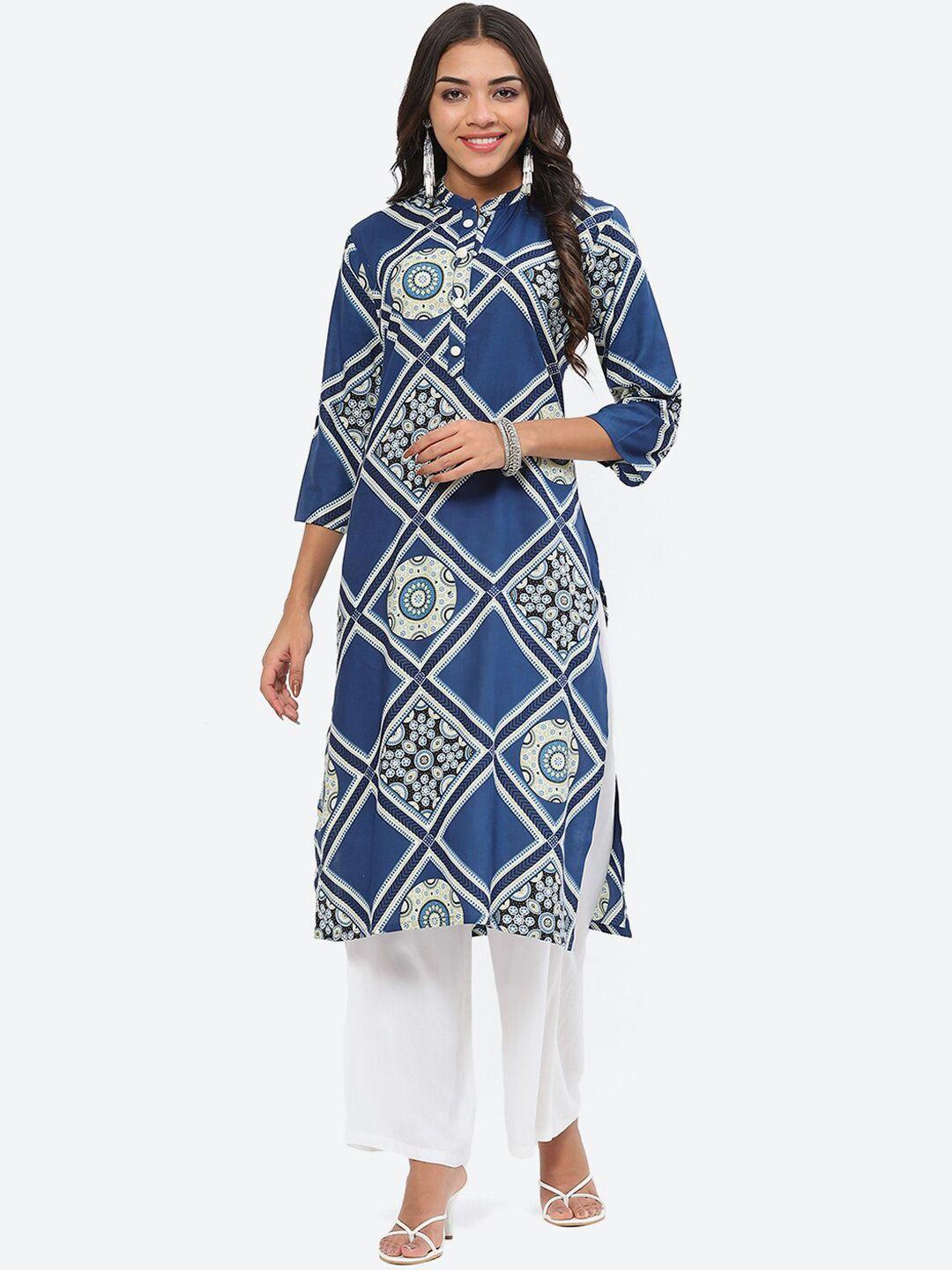 kurti's by menka geometric printed mandarin collar kurta