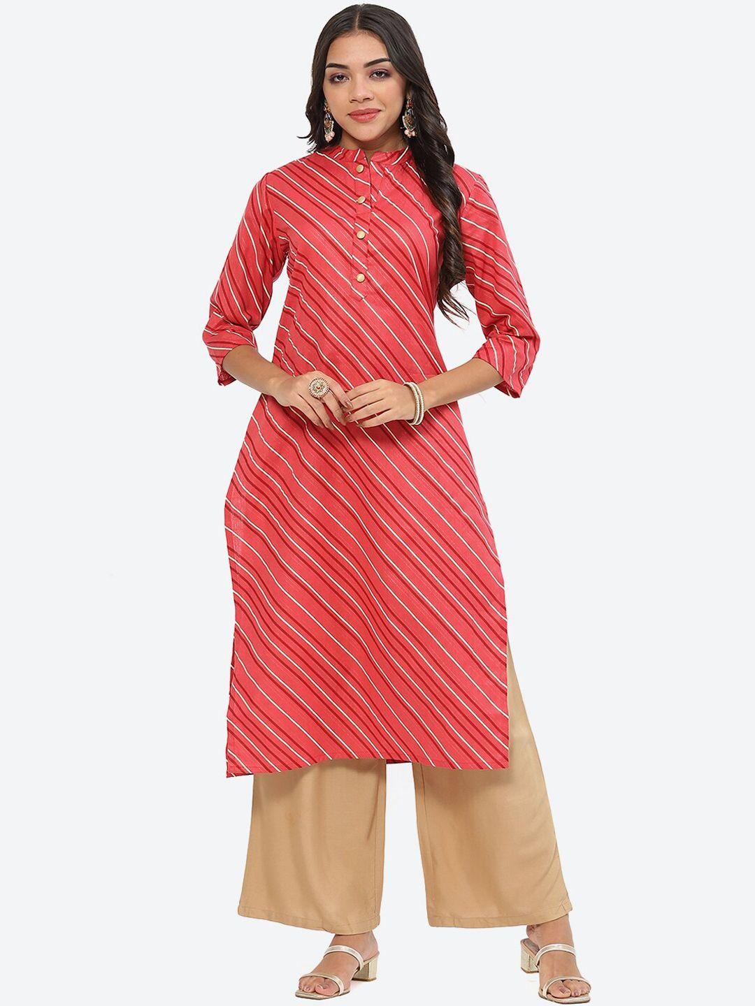 kurti's by menka striped mandarin collar kurta