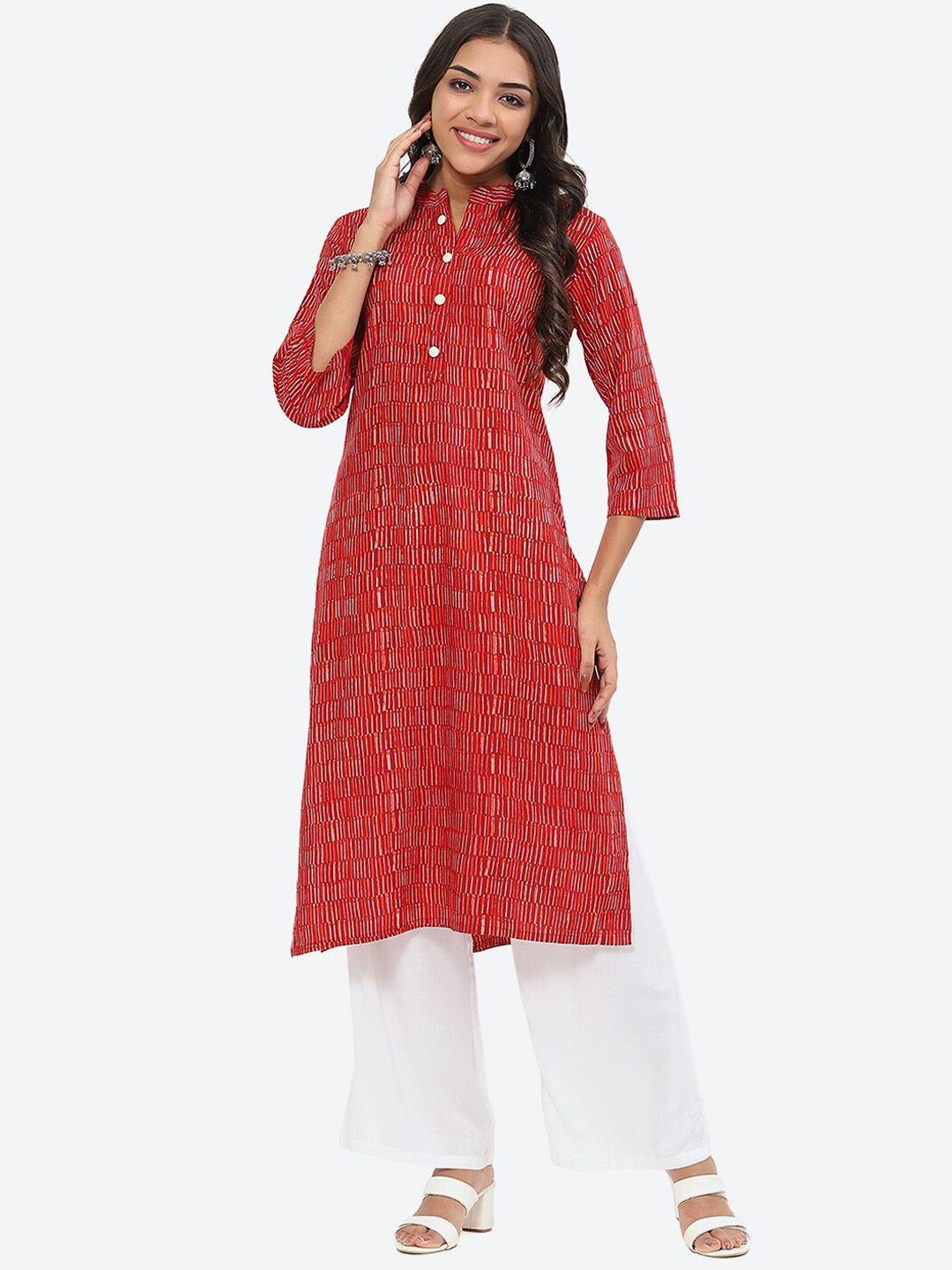 kurti's by menka abstract printed mandarin collar straight kurta