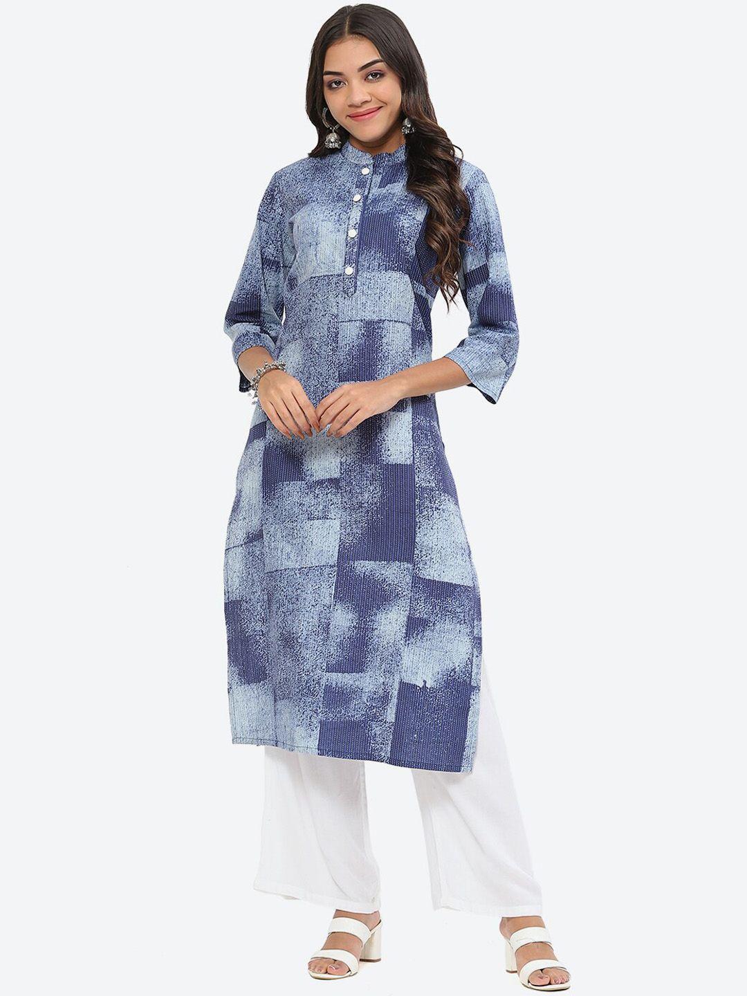 kurti's by menka abstract printed thread work straight kurta