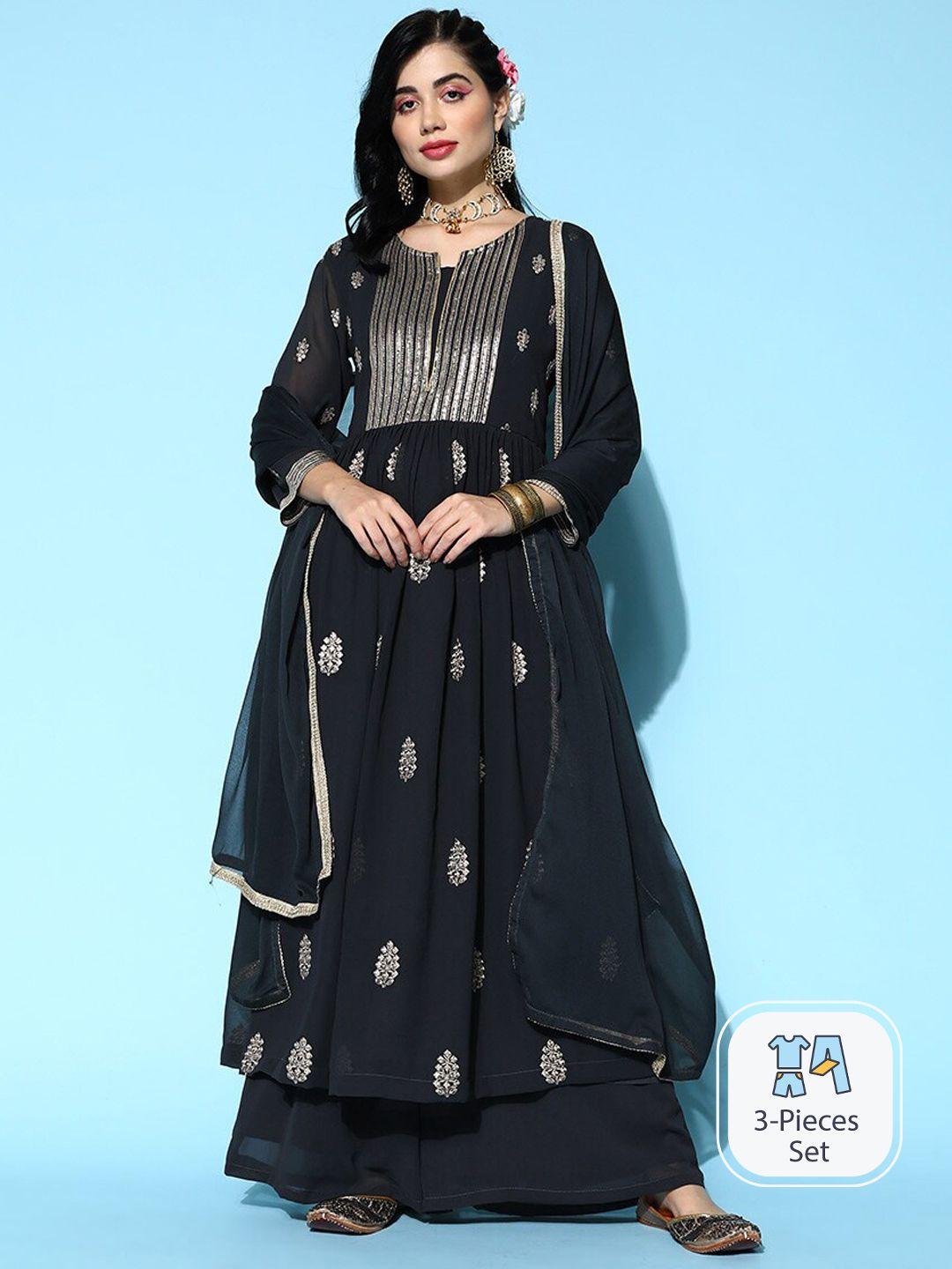 ishin ethnic motifs embroidered pleated a-line kurta with palazzos & dupatta