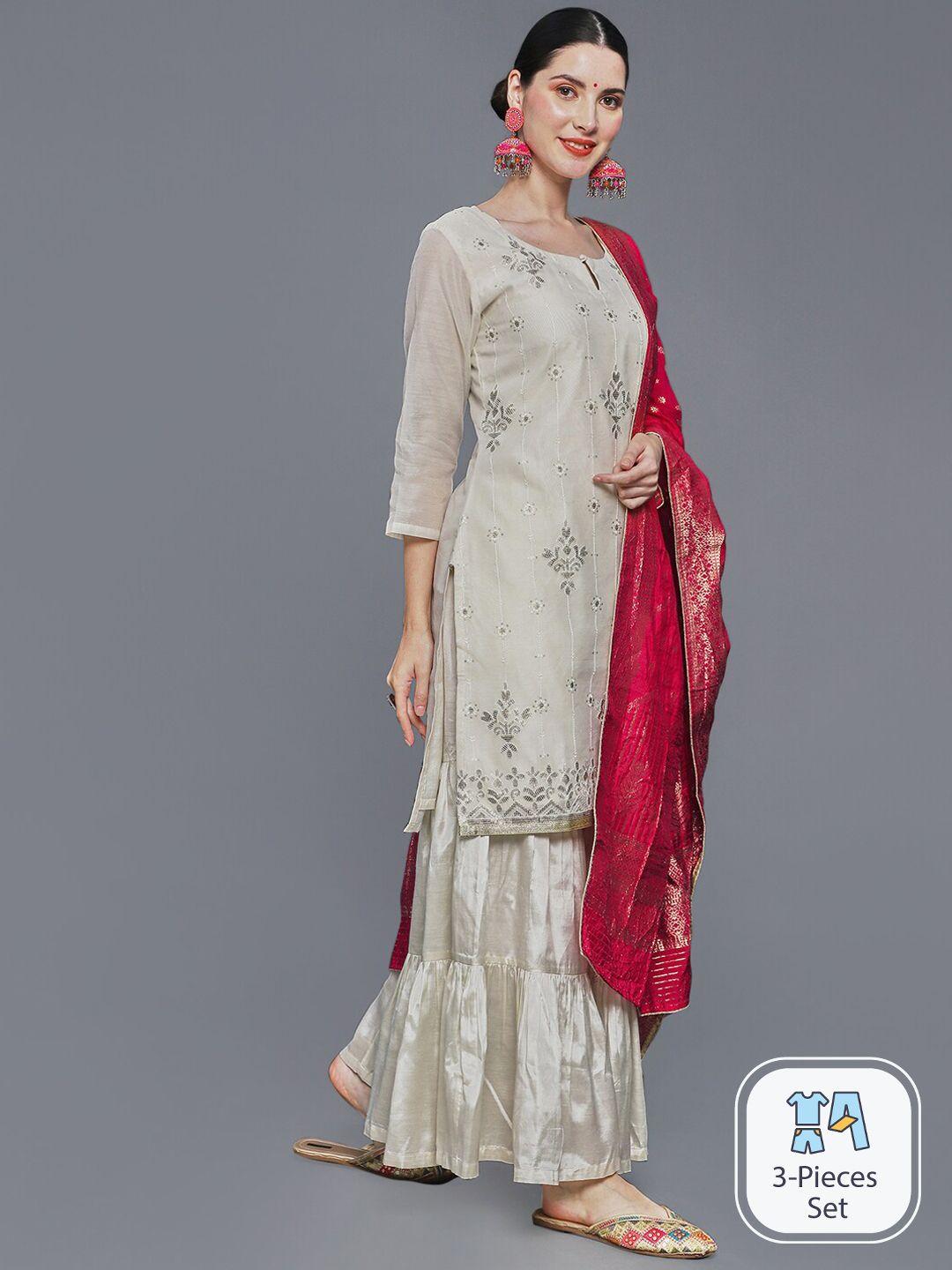 ishin floral embroidered sequinned chanderi silk kurta with sharara & dupatta