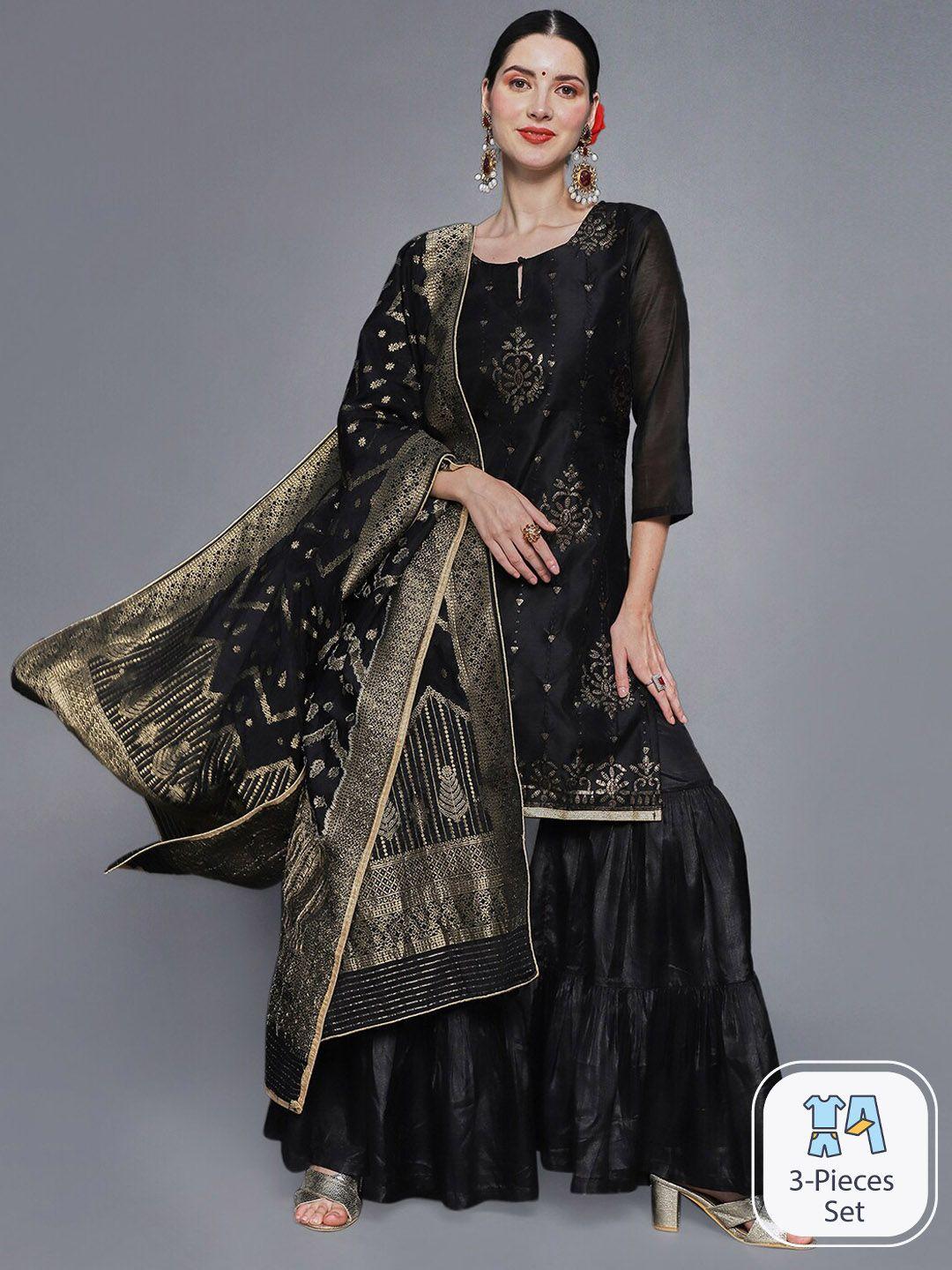 ishin floral embroidered sequinned chanderi silk kurta with sharara & dupatta