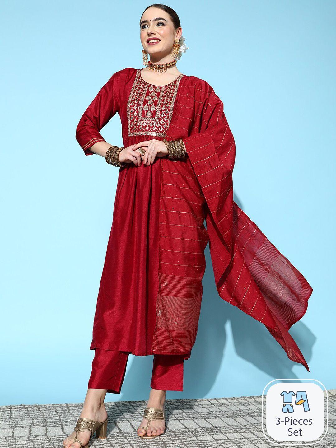 ishin floral yoke design mirror work a-line kurta with trousers & dupatta