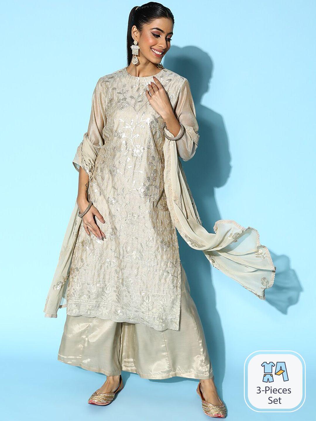 ishin floral embroidered sequinned chanderi silk kurta with palazzos & dupatta