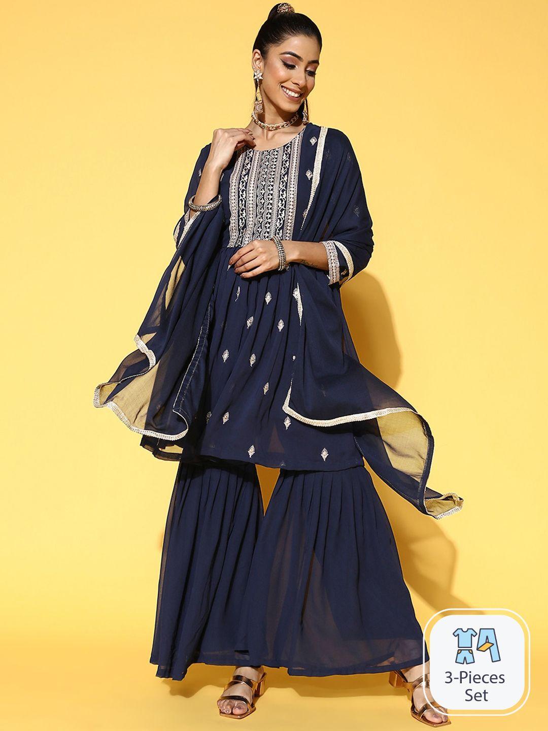 ishin ethnic motifs embroidered sequinned detail a-line kurta & sharara with dupatta