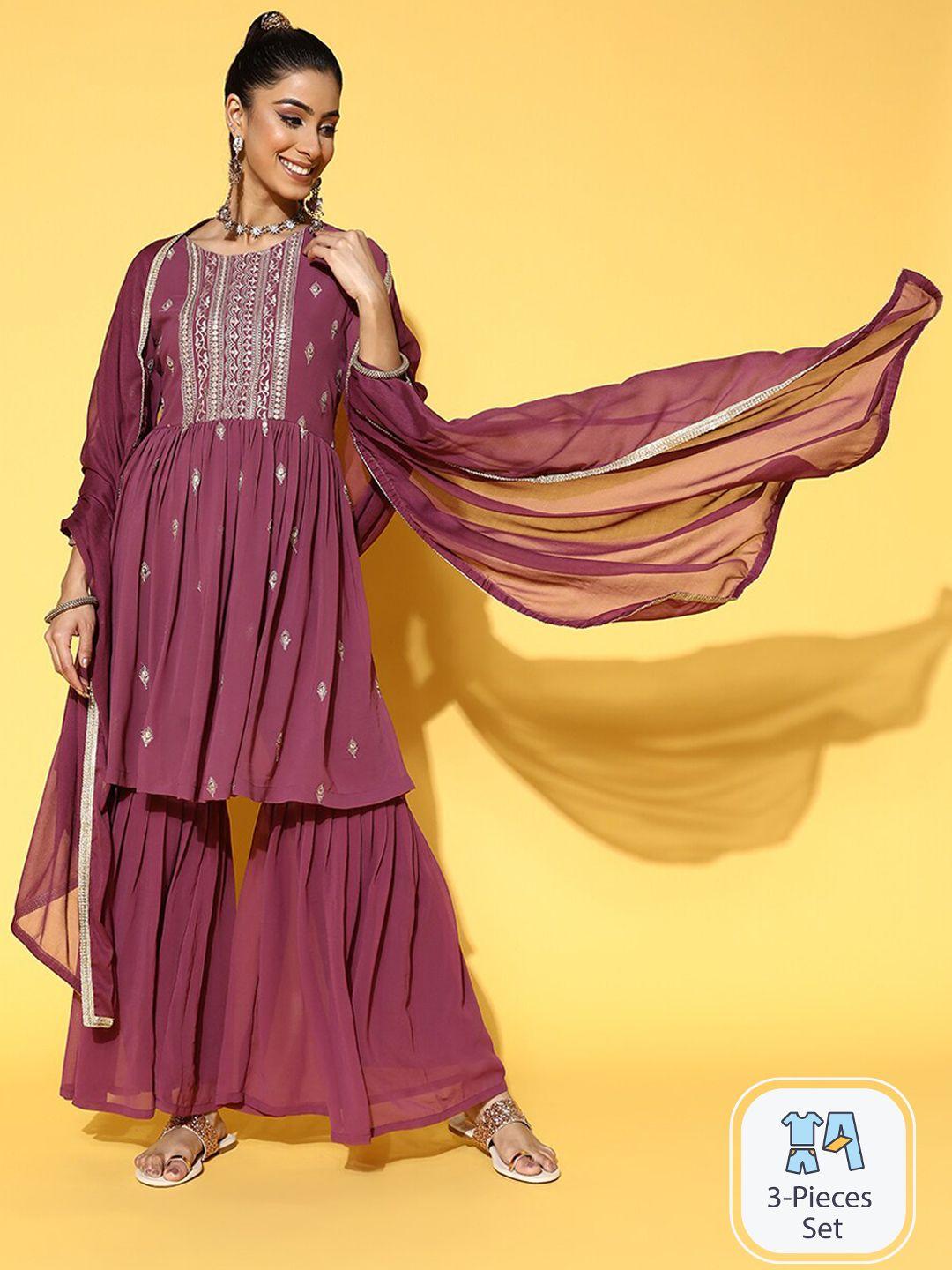 ishin floral embroidered regular kurta with sharara & dupatta