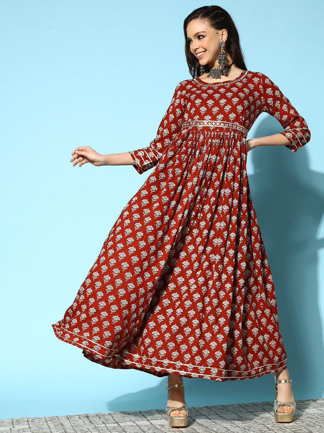 ishin floral embroidered fit & flare ethnic dress with belt