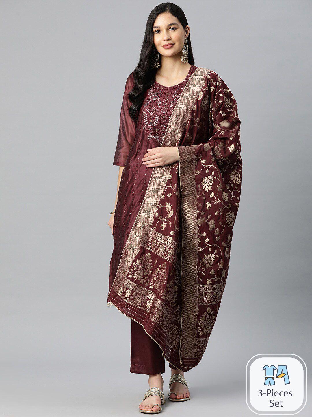 ishin ethnic motifs embroidered thread work kurta & trousers with dupatta