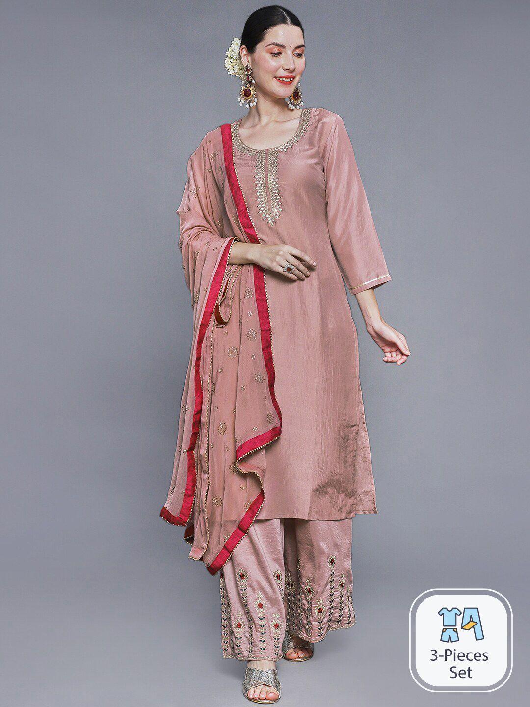 ishin floral embroidered thread work kurta & palazzos with dupatta