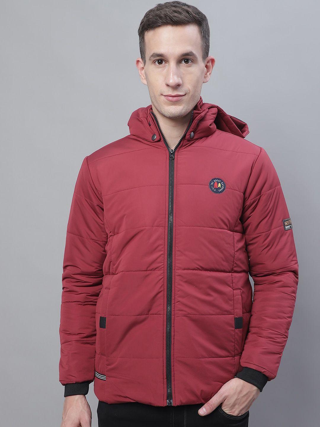 house of vedas men maroon striped lightweight outdoor puffer jacket