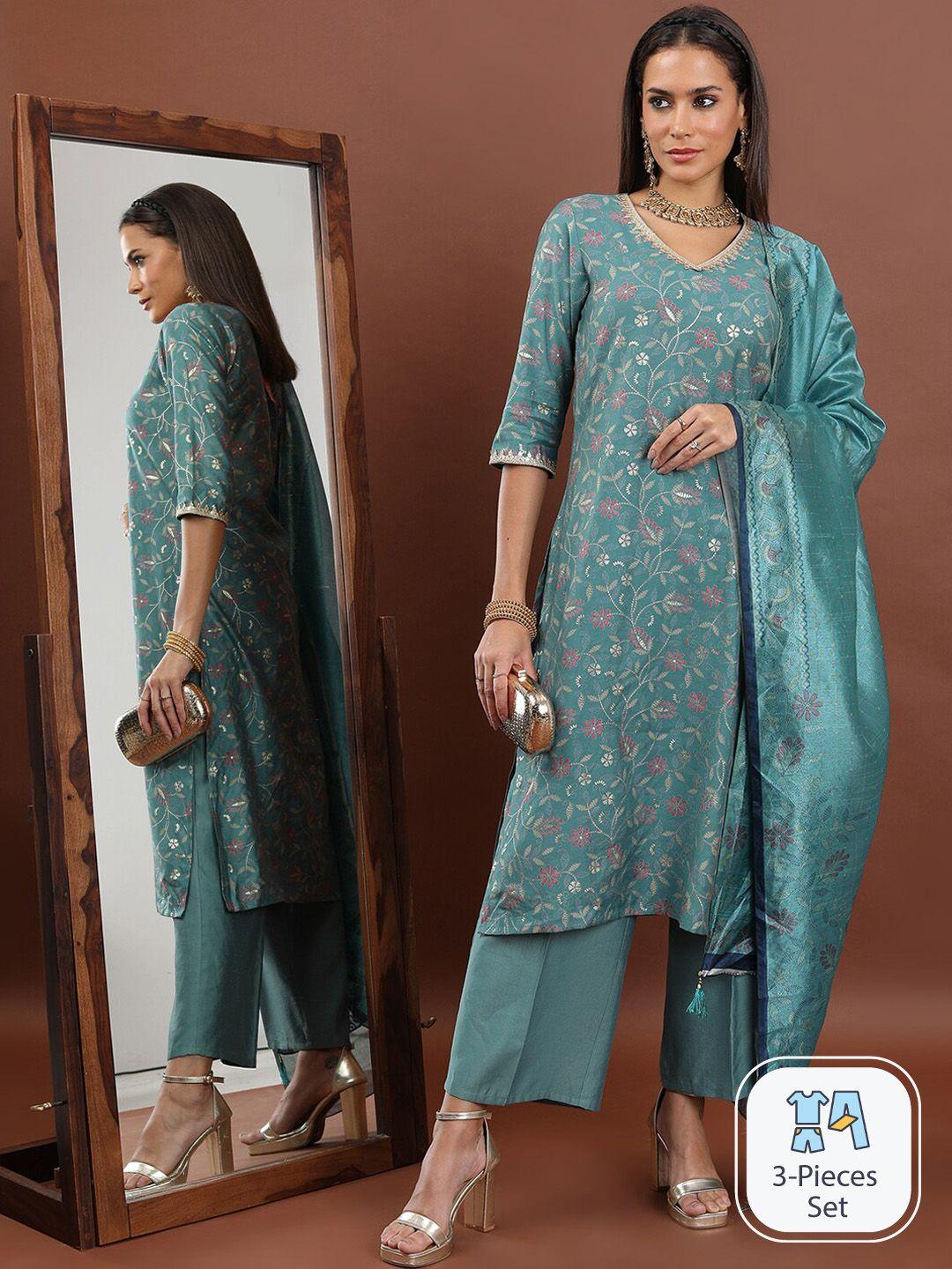 neerus floral printed v-neck thread work detail straight kurta & trousers with dupatta