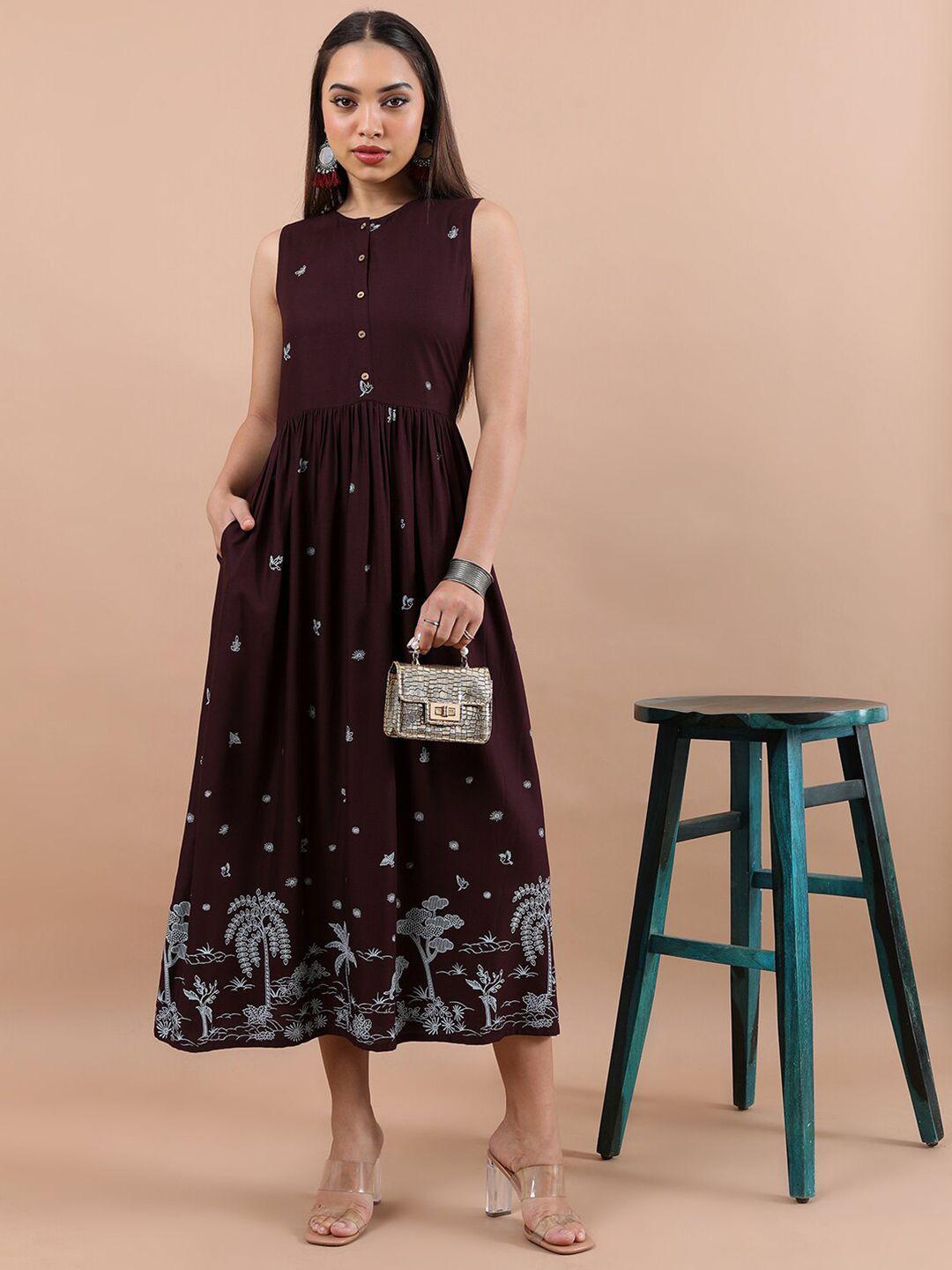 vishudh purple floral printed fit and flare midi ethnic dress