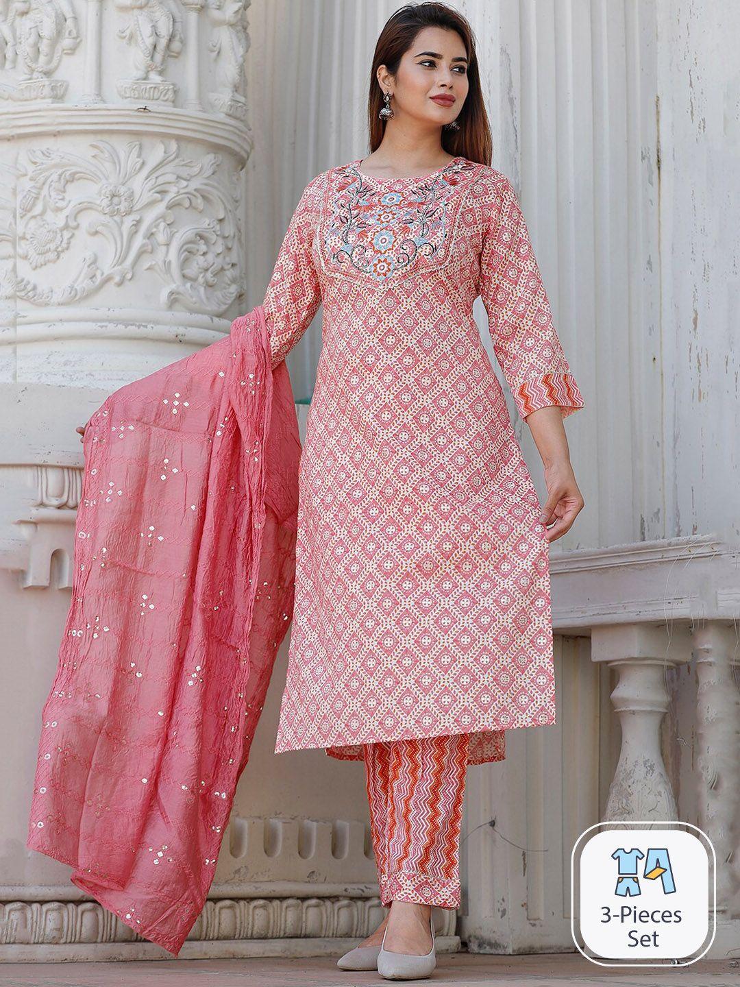 kalini printed regular thread work kurta with trousers & dupatta